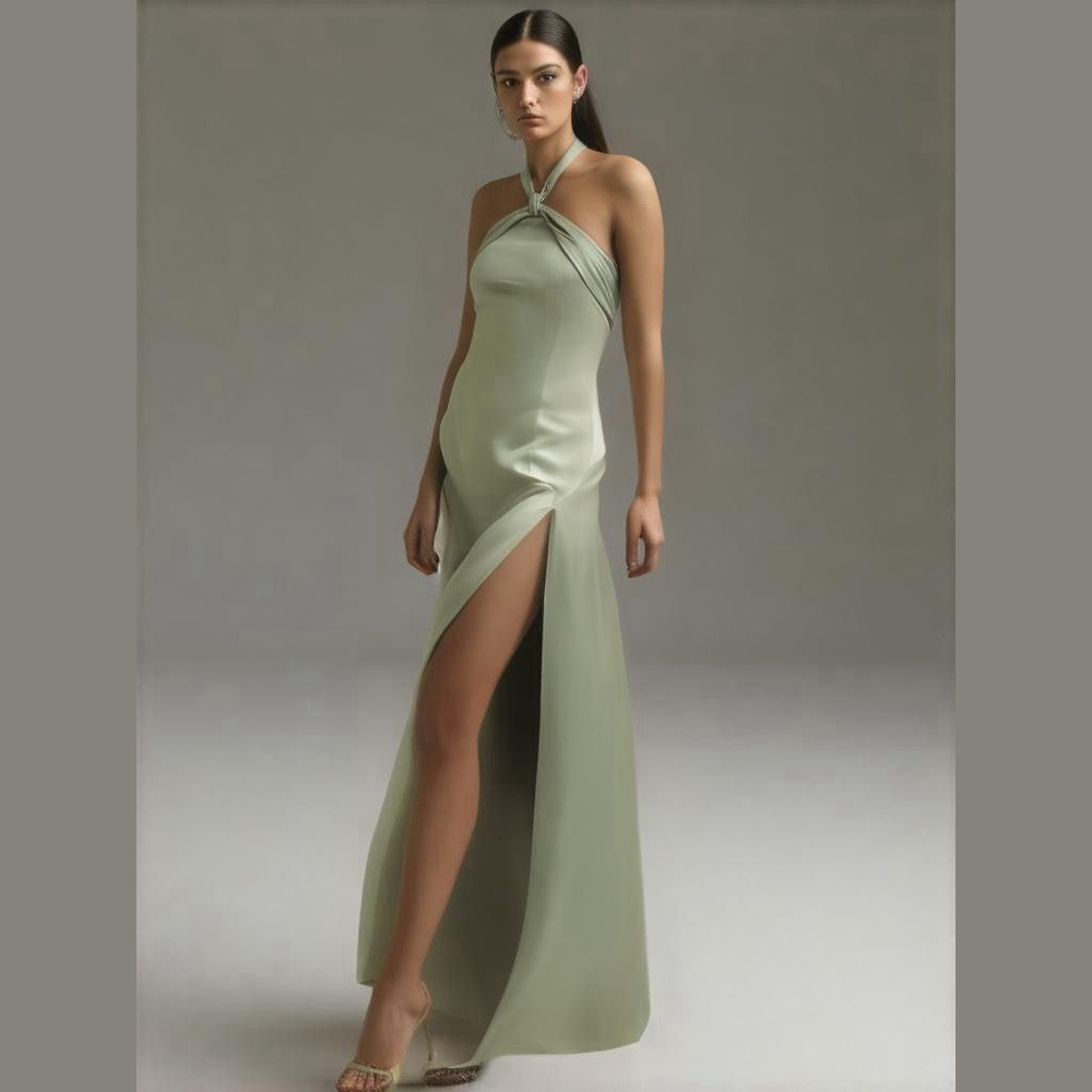 Reformation Dress Kavi Size 2 Satin Halter Dress Artichoke Long Sheath Side Slit
